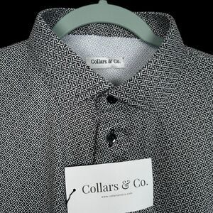 Collars & Co Polo Shirt Mens Small Black White Xeron Dress Collar Geo Preppy NWT